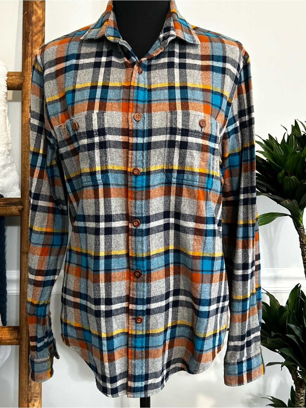Express Women’s Plaid Button-Down Shirt - Gray, Orange & Blue Size S/P